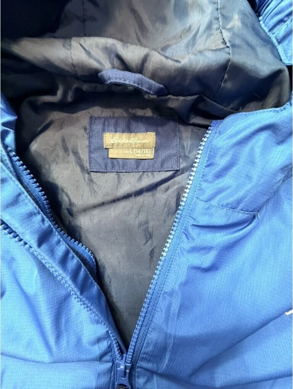 Eddie Bauer Youth Windbreaker Jacket L 14/16 Blue Navy Color Block Hooded Full
